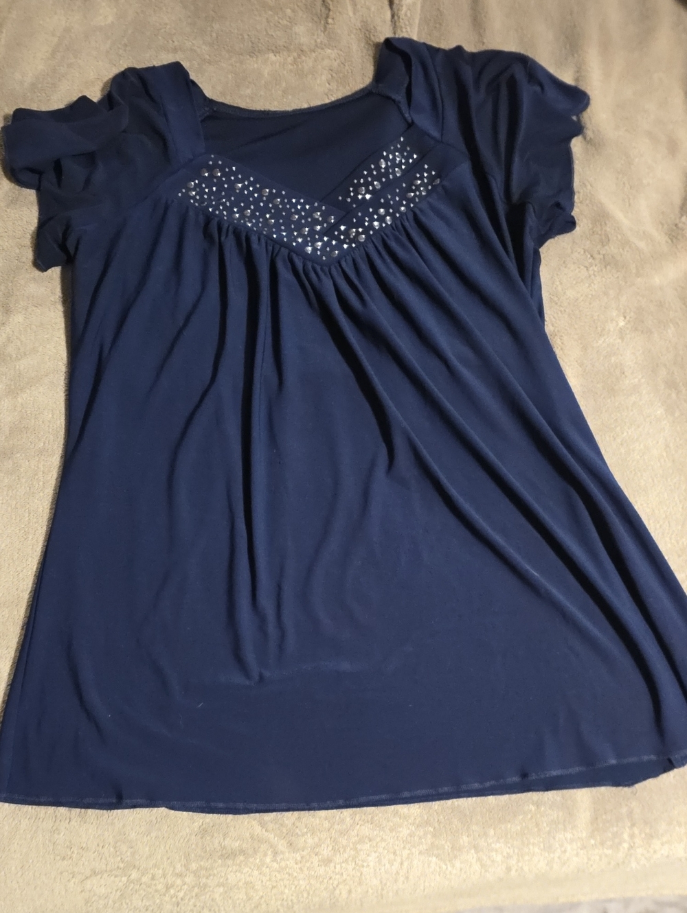 Navy Short Sleeve Embellished Women’s Top